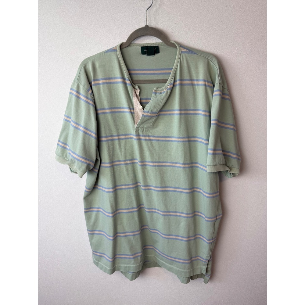 Hunt Club Mens Large Green Striped Short Sleeve Cotton Henley Shirt Casual L